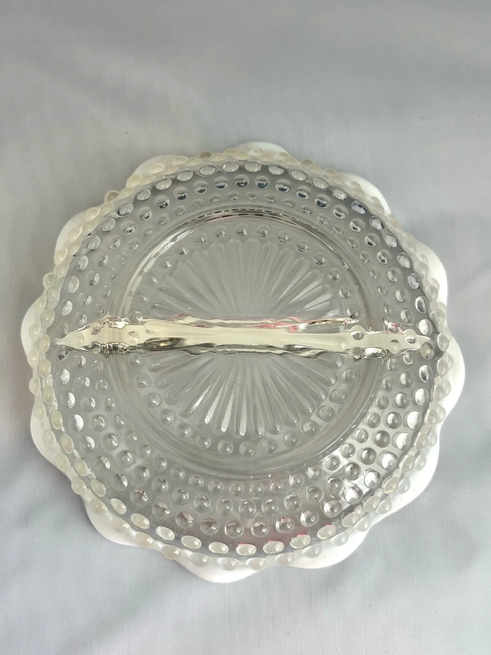 Vintage Anchor Hocking Moonstone Opalescent Hobnail Divided Dish Ruffled Edge